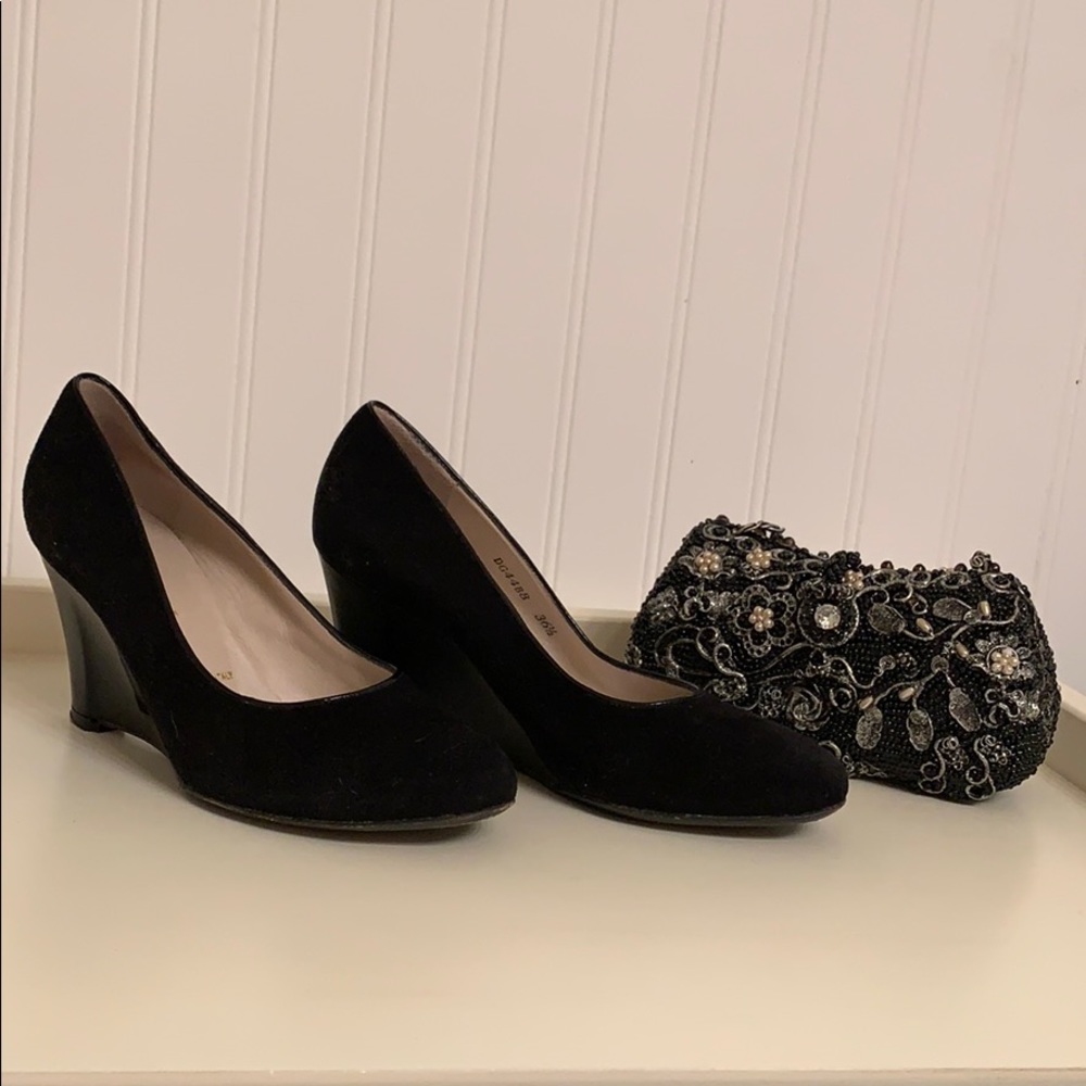 Bruno Magli Black Velour and Patent Leather Wedges